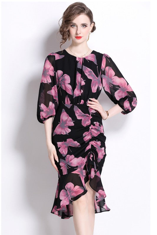 Vintage inspired Women Fashion Chiffon Butterfly Print Dress