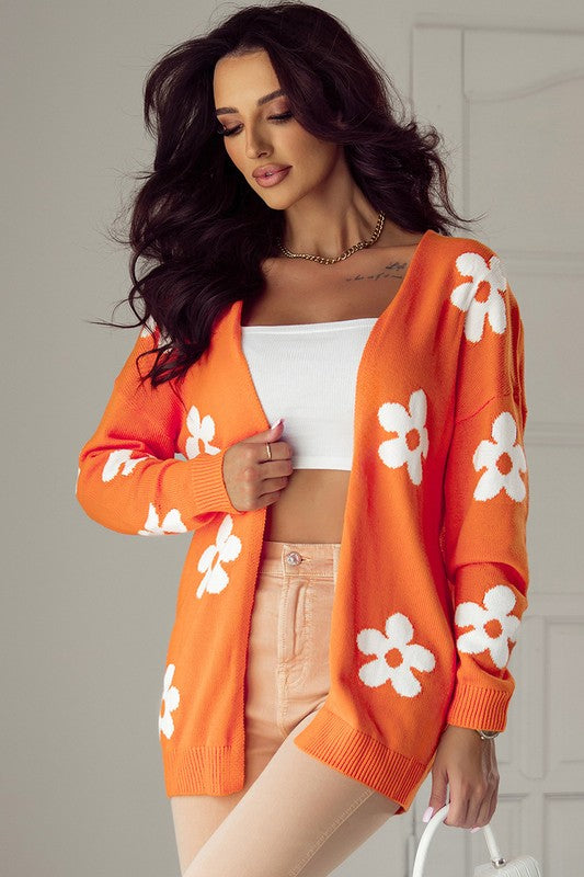 Women Floral Print Knitted Cardigan in Orange