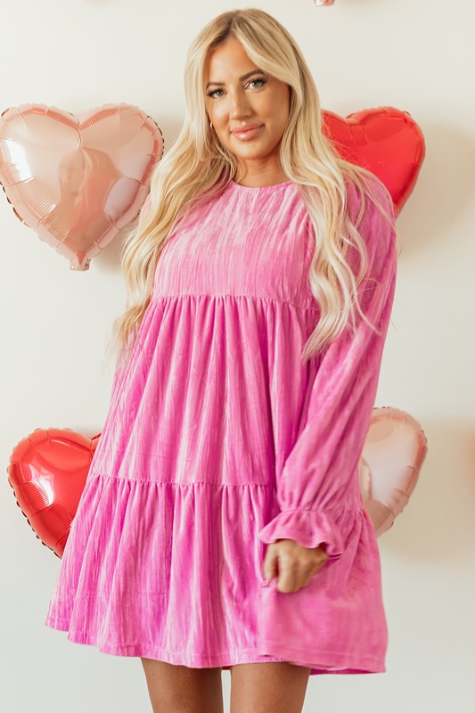 Women's Velvet Pink Layered Ruffle Flounce Dress Pink / Small Women's Velvet Pink Layered Ruffle Flounce Dress Pink / Small