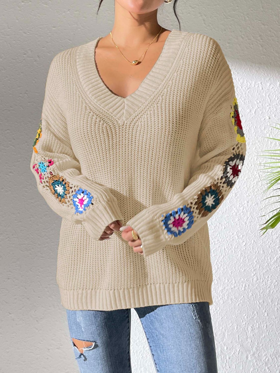 Crochet Flower V-Neck Sweater in Tan