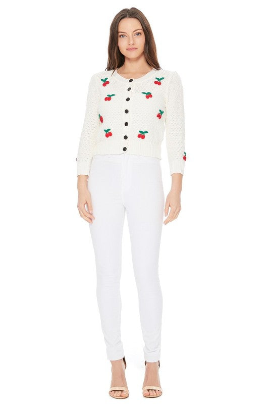 Cherry Crochet Pom Pom Cropped Vintage Inspired Cardigan