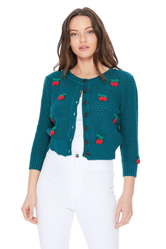 Cherry Crochet Pom Pom Cropped Vintage Inspired Cardigan