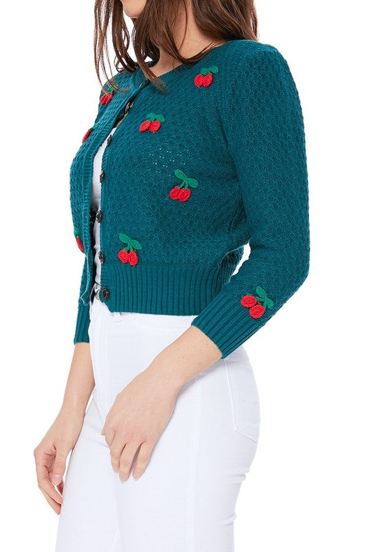Cherry Crochet Pom Pom Cropped Vintage Inspired Cardigan