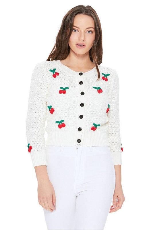 Cherry Crochet Pom Pom Cropped Vintage Inspired Cardigan