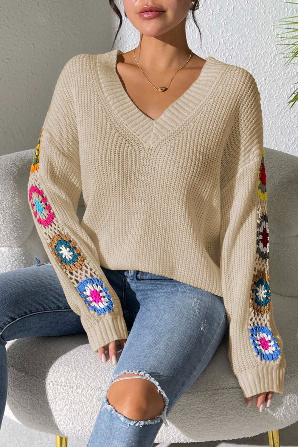 Crochet Flower V-Neck Sweater in Tan