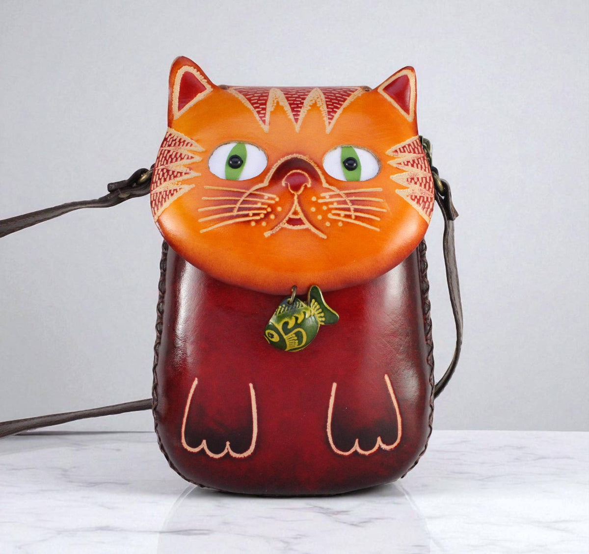 Sunflower Handmade leather inc - Leather Cat With Fish Pouch purse handbag crossbody