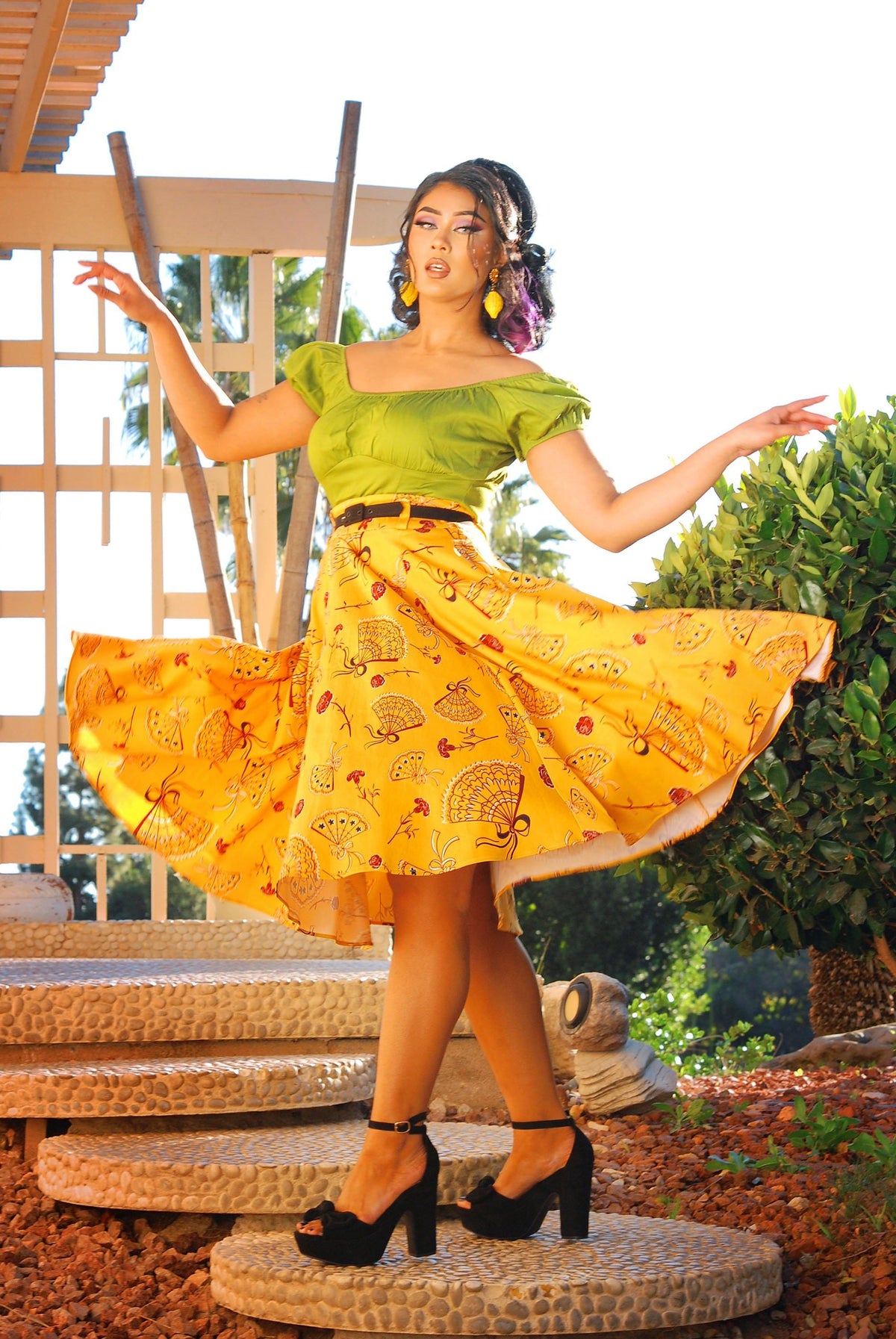 Doris Vintage Swing Skirt in Mustard Spanish Fans