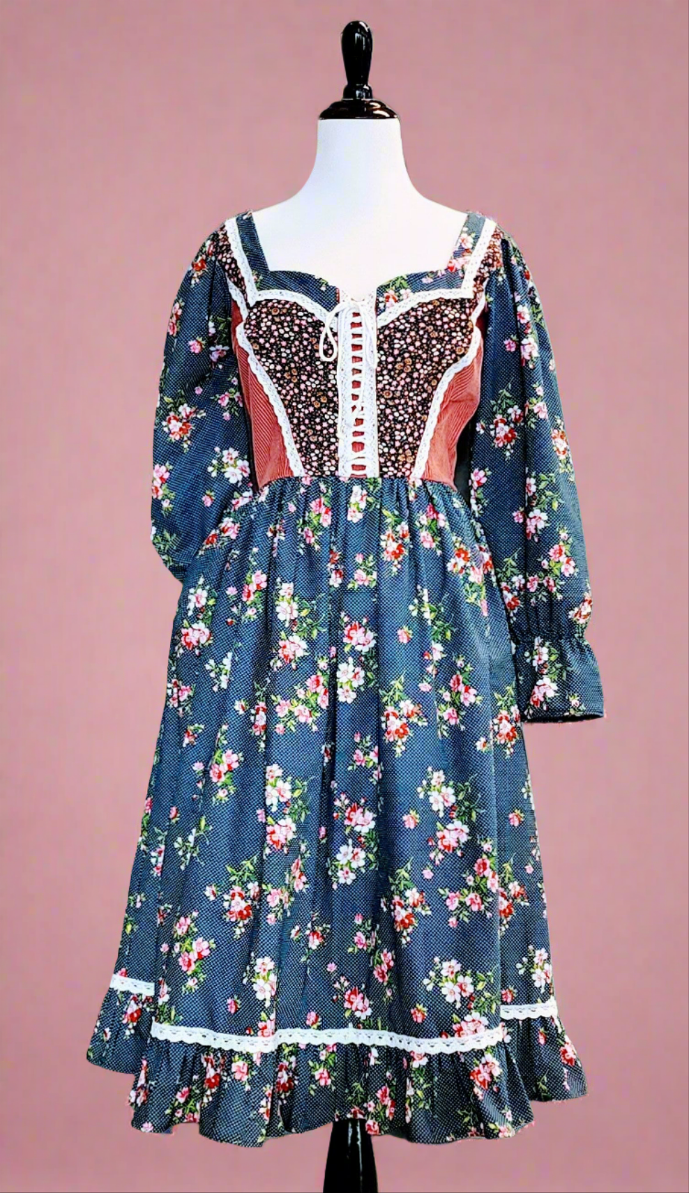 An Original Gunne Sax Style Homespun 1970's Vintage Inspired Floral Print Corset Lace Dress by Hollyville