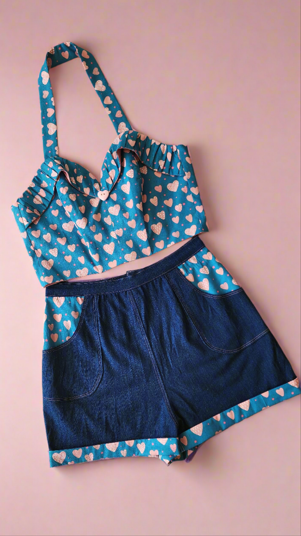 Hearts Retro Pinup Top and Shorts Matching Two Piece Set by Hollyville