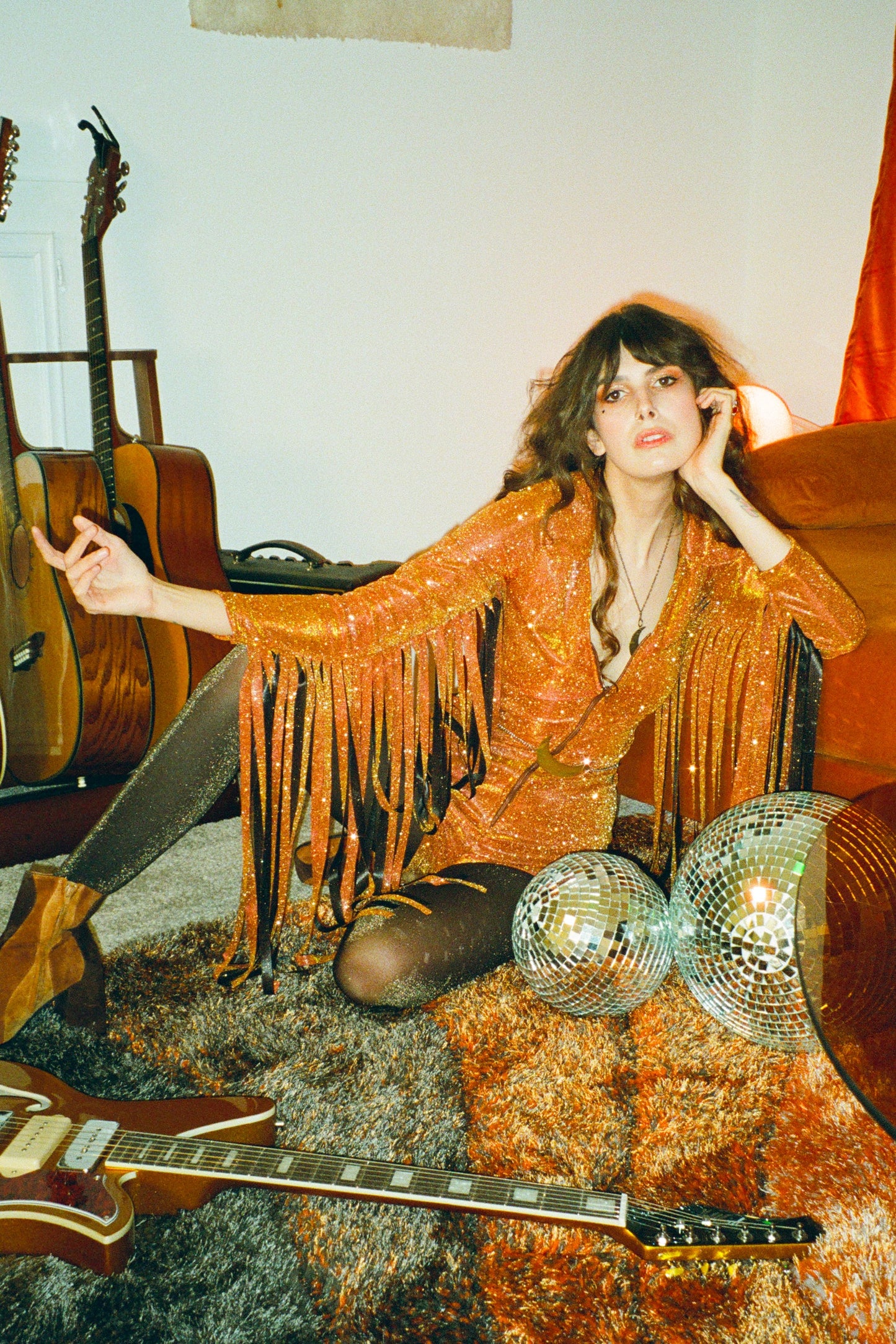Glitter Fringe Romper in Orange