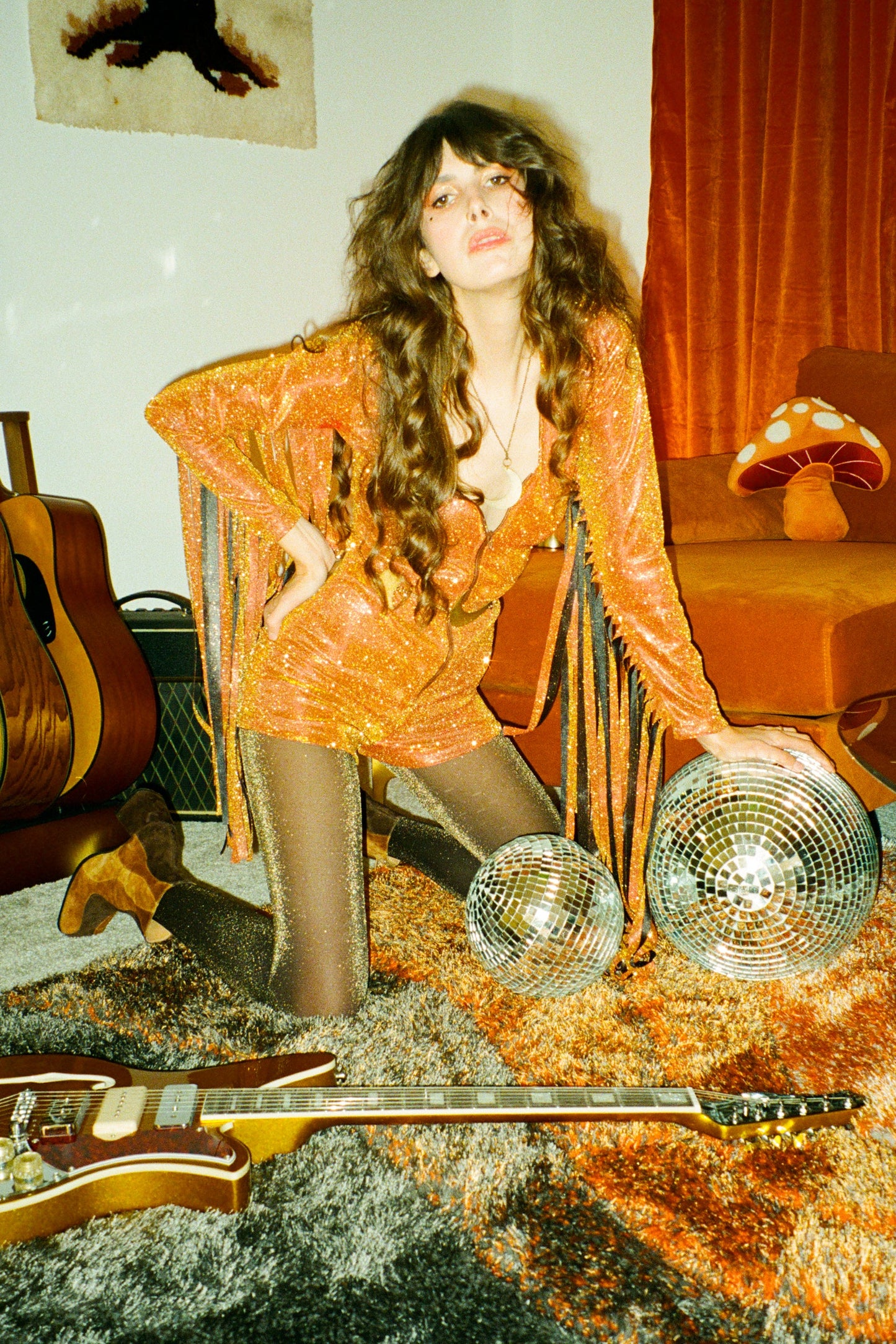 Glitter Fringe Romper in Orange