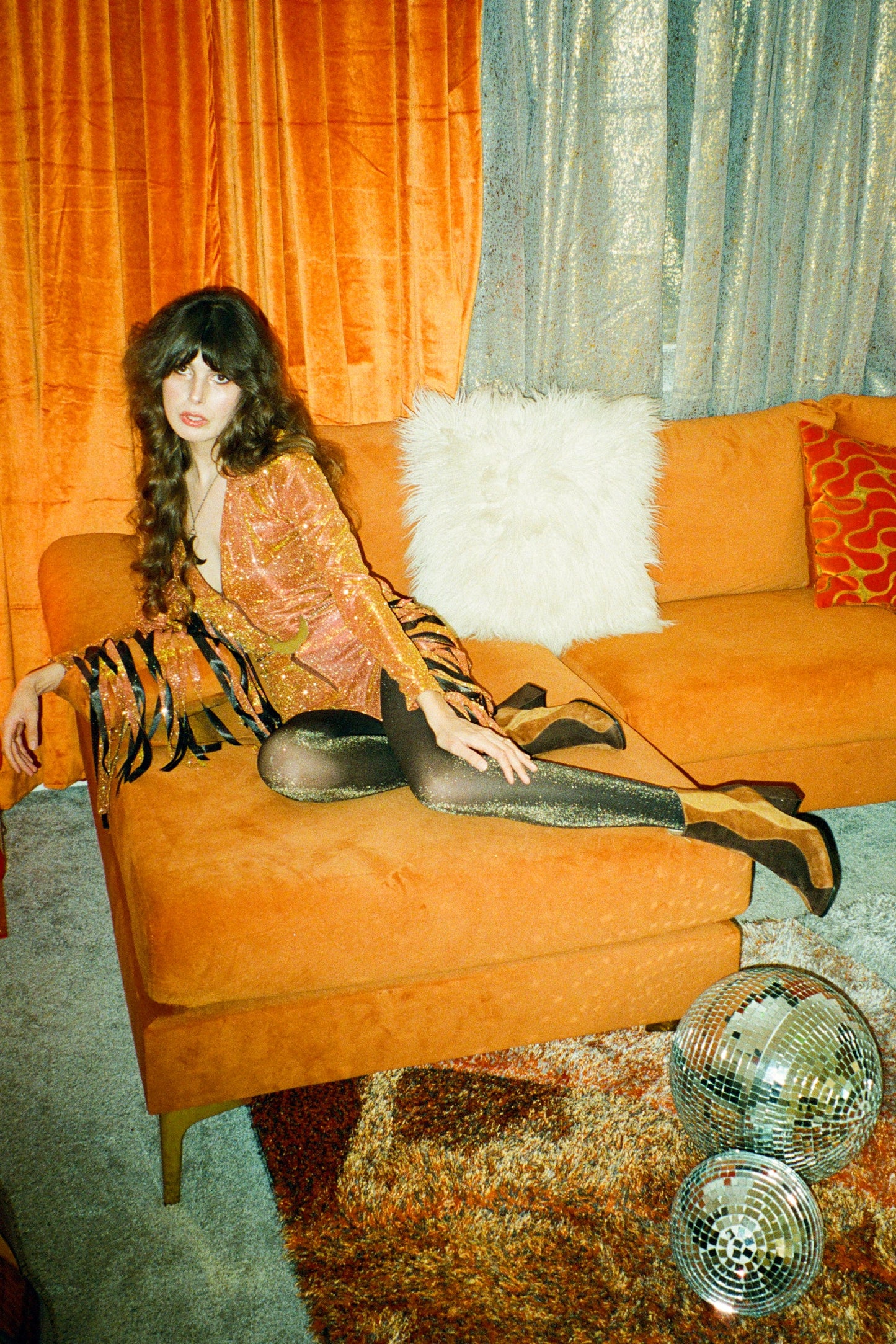 Glitter Fringe Romper in Orange