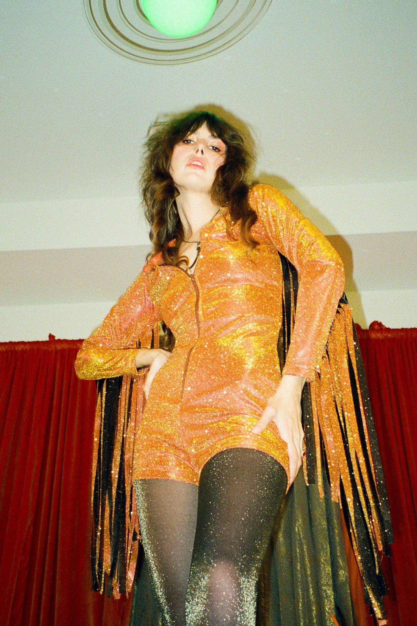 Glitter Fringe Romper in Orange