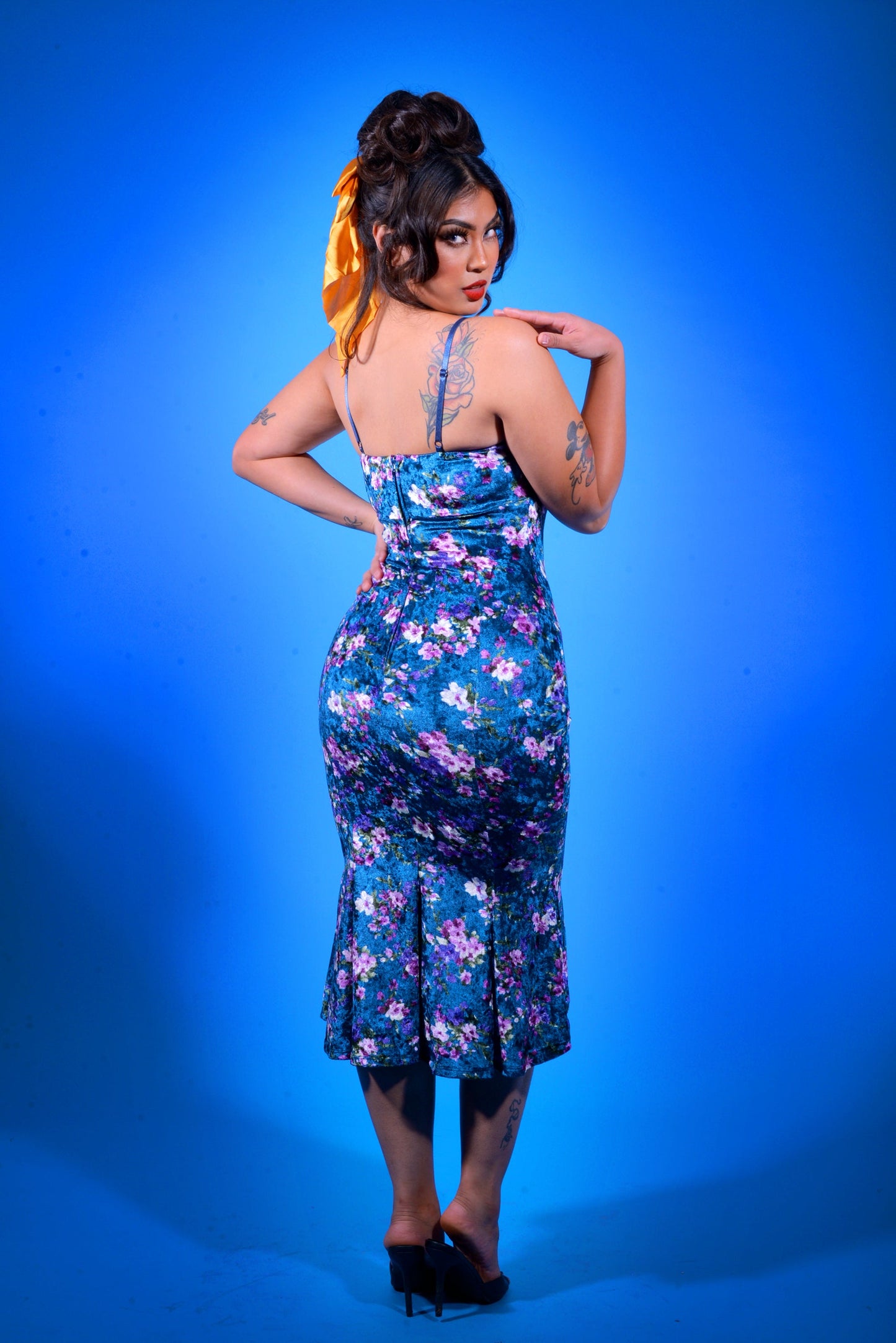 Venus Midi Slip Dress in Blue Floral Velvet | Laura Byrnes Designs