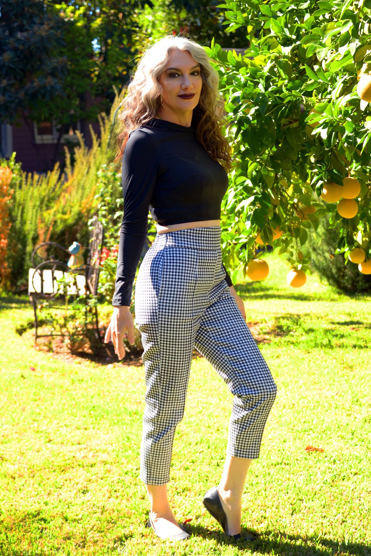 LB Cropped Trousers in Black and White Gingham Twill