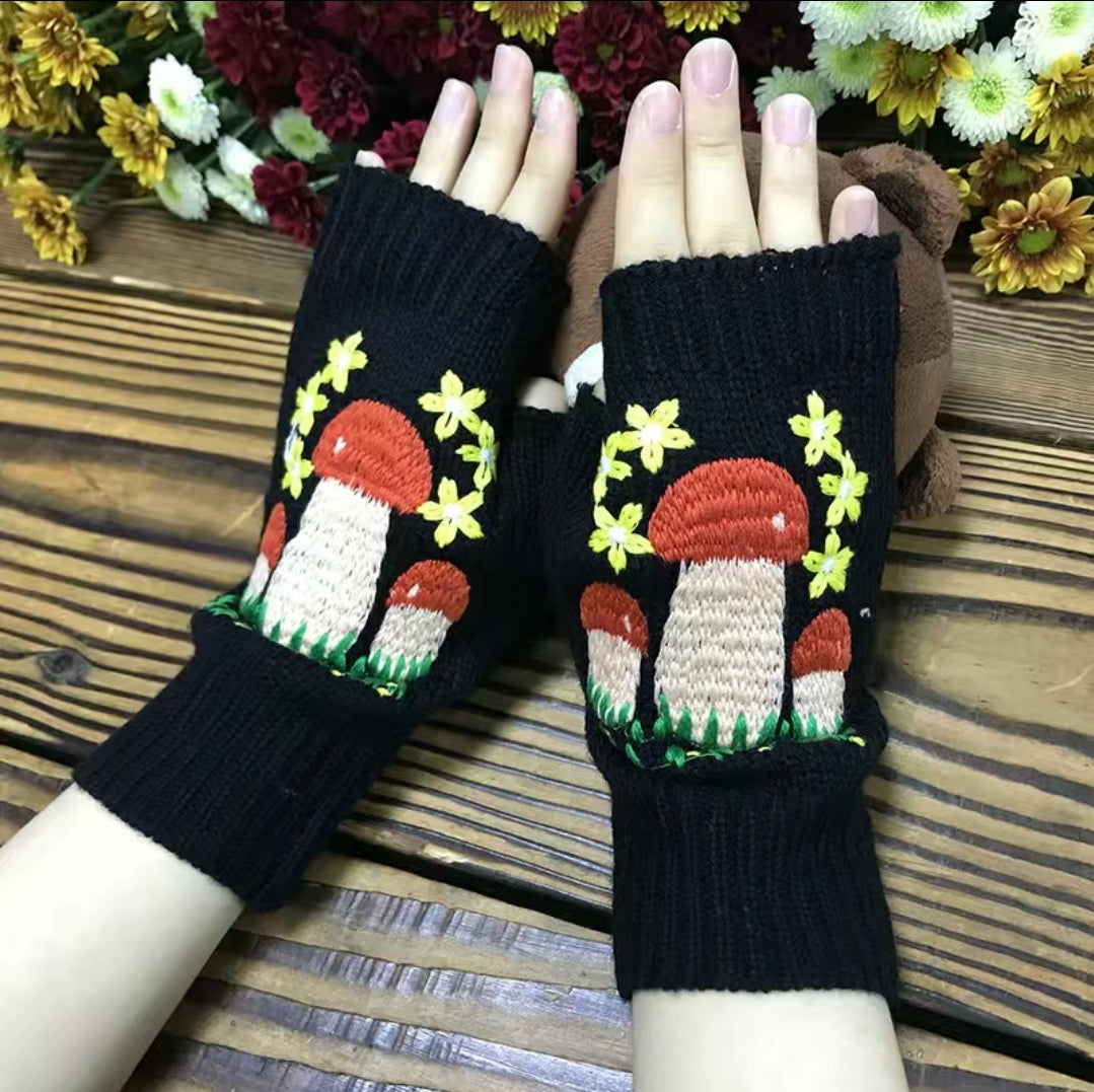 Mushroom Embroidered Fingerless Gloves