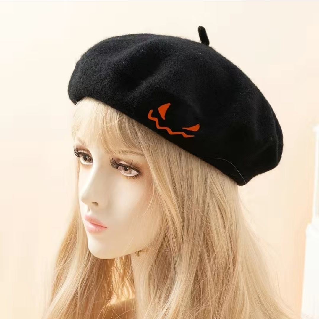 Pumpkin Embroidered Beret