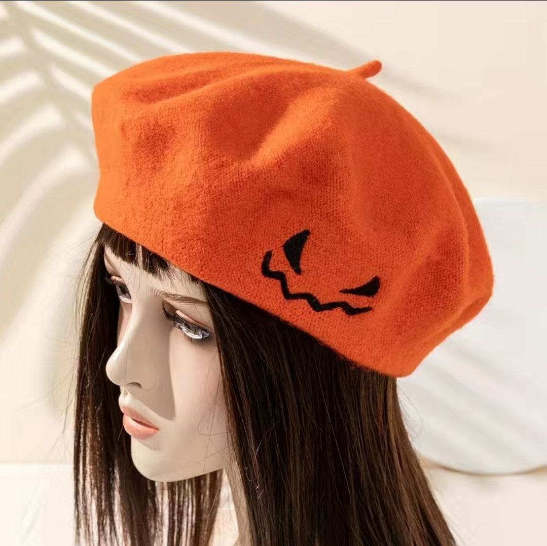 Pumpkin Embroidered Beret