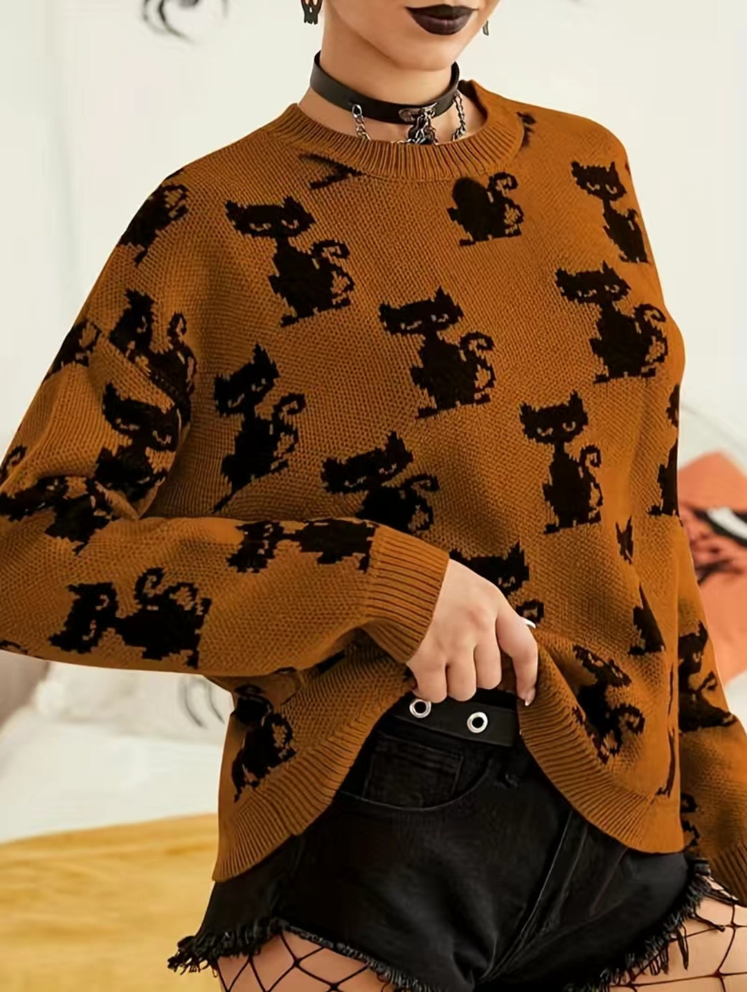 Black Cat Crew Neck Sweater