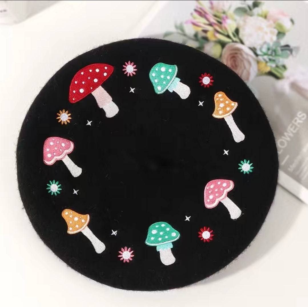 Mushroom Embroidered Beret