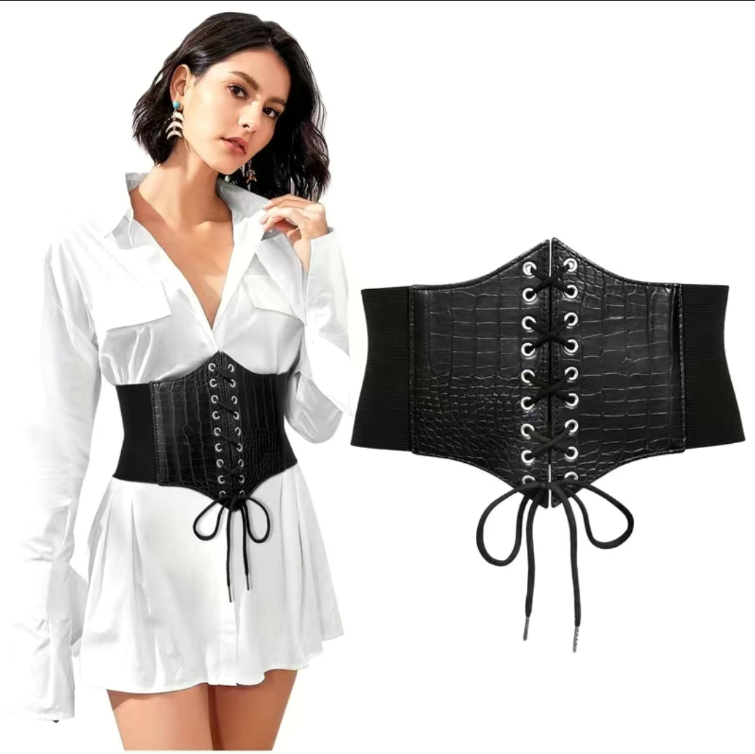 Black Crocodile Print Elastic Waist Corset Belt