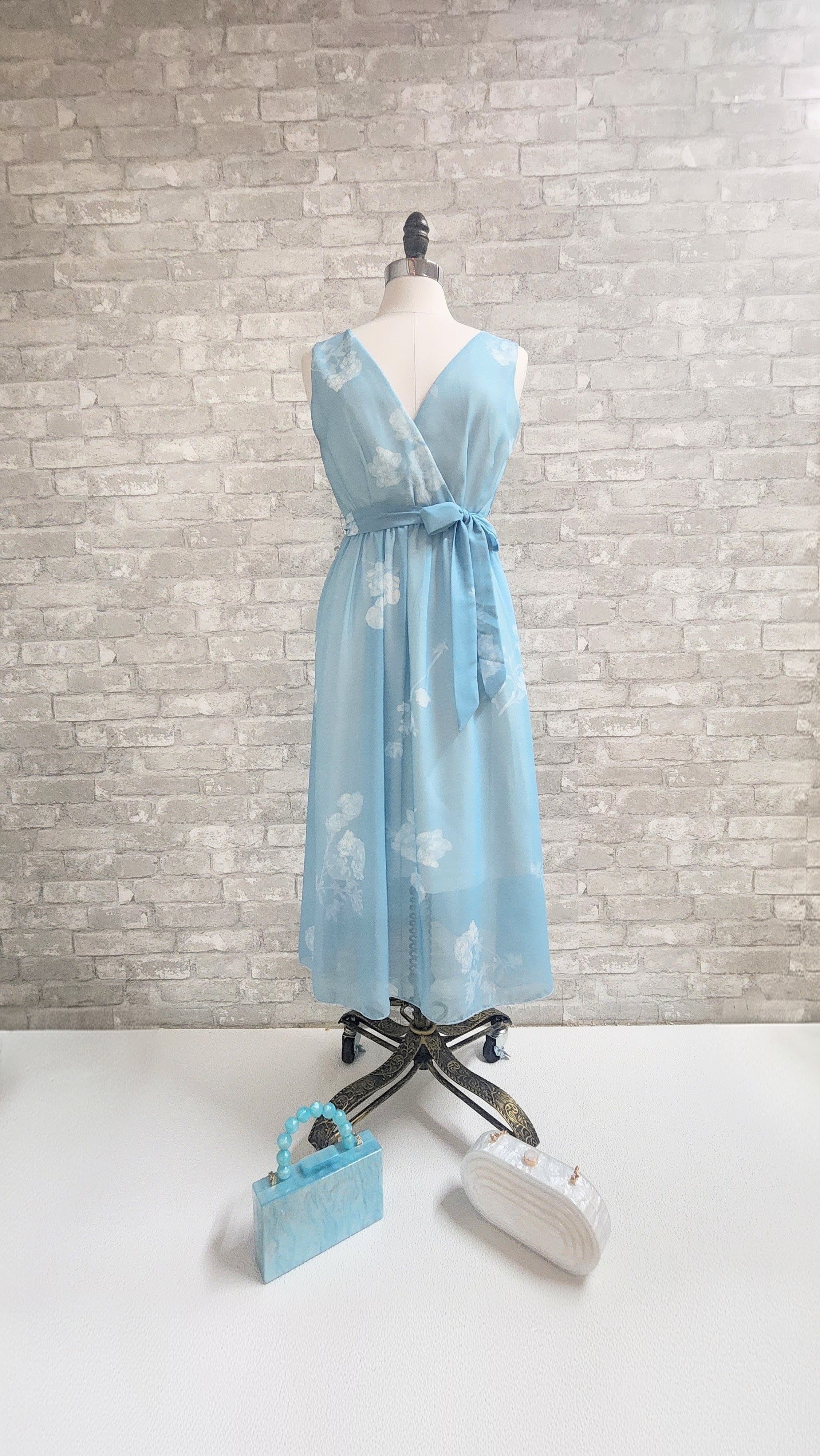 Vintage-Inspired Floral Wrap Dress in Dusty Blue Large