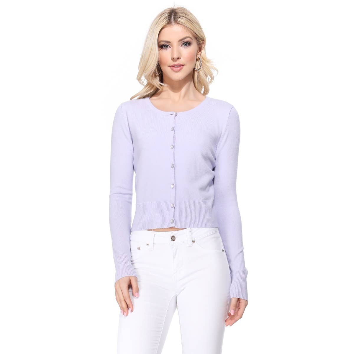 Mak - Long Sleeve Crewneck Cropped Cardigan Sweater