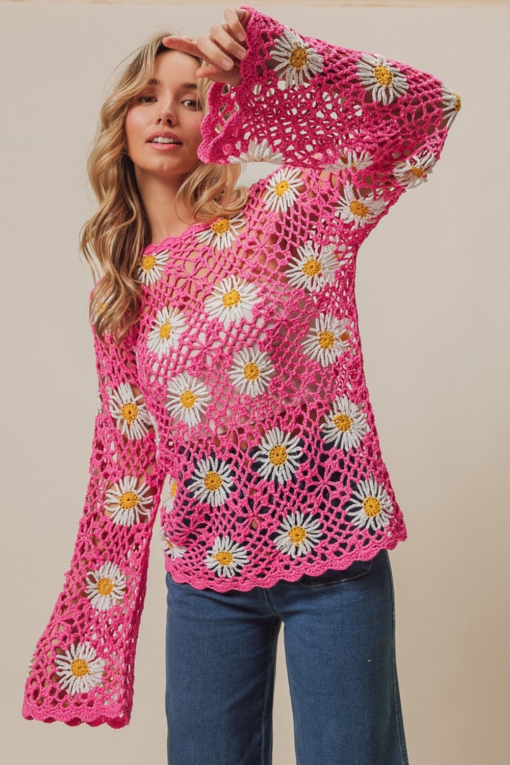 Floral Crochet Net Lace Cover Up in Pink by BiBi