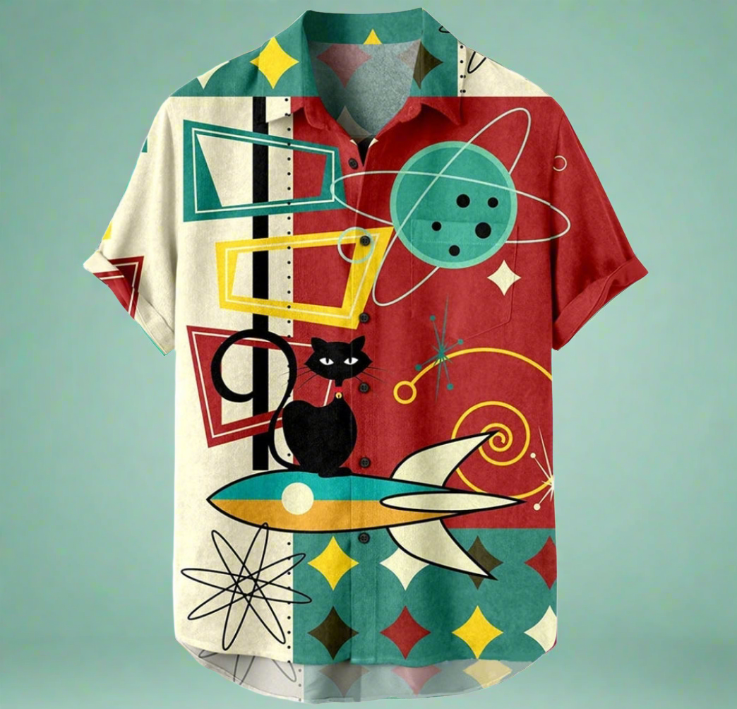 Atomic Space Cat Mid Century Modern Retro Rockabilly Button Up Bowling Shirt