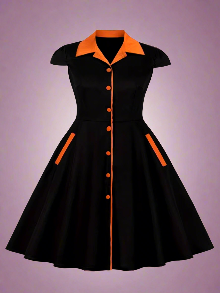 Pinup Retro Rockabilly 1950's vintage colorblind bowling shirt dress in black and orange