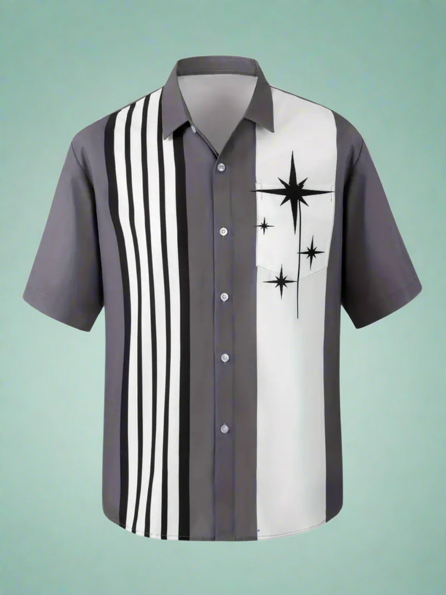 Midcentury Modern Atomic Star Retro Rockabilly Button Up Bowling Shirt in gray