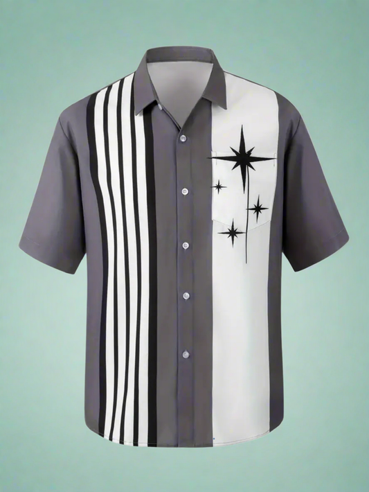 Midcentury Modern Atomic Star Retro Rockabilly Button Up Bowling Shirt in gray