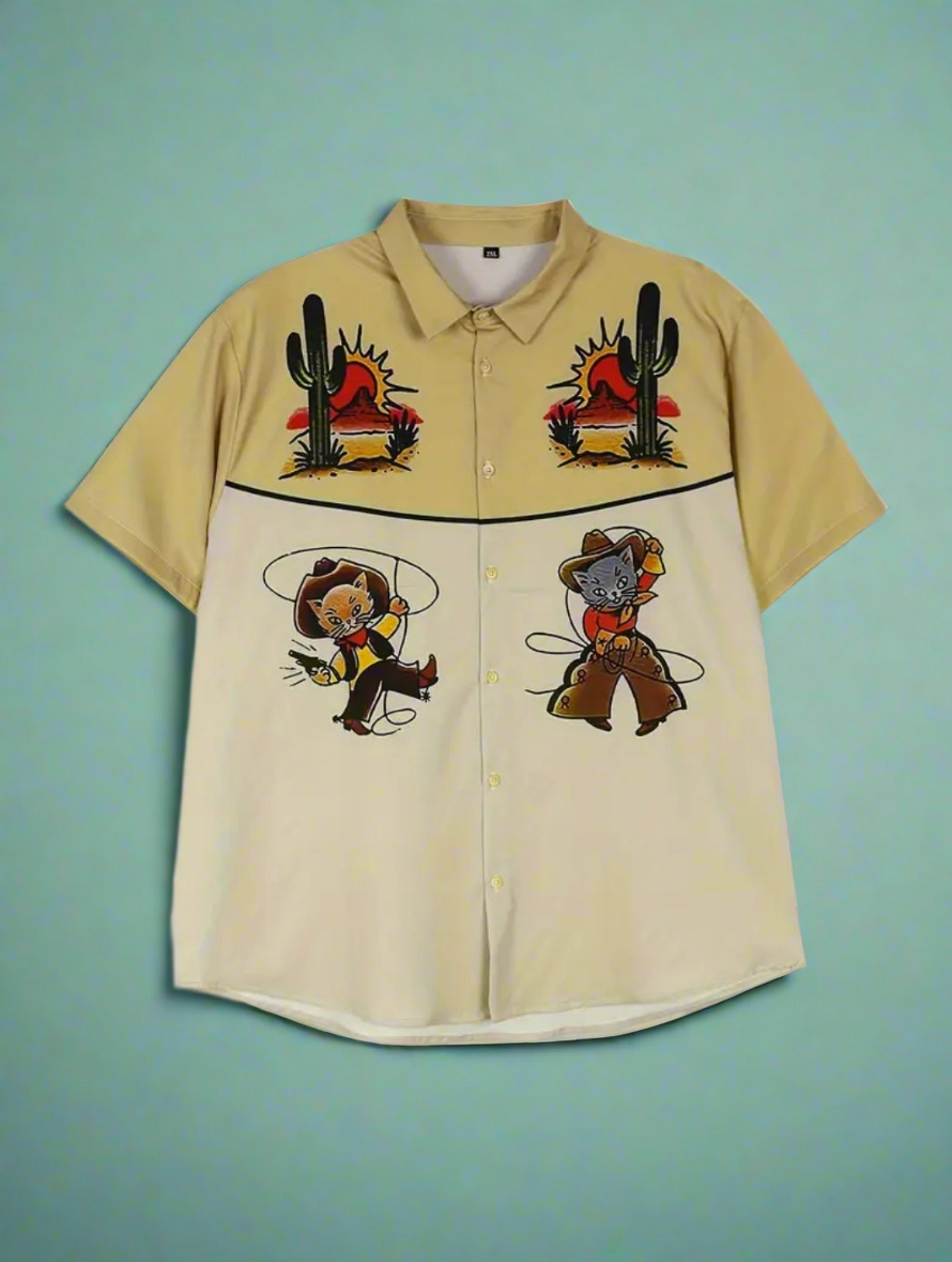 Western Cowboy Country Cat Button Up Shirt