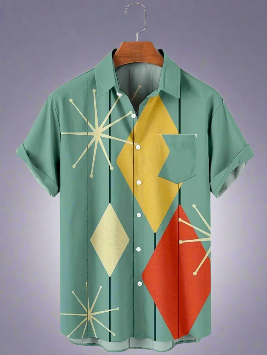 Retro Geometric Diamond Print Button Up Shirt