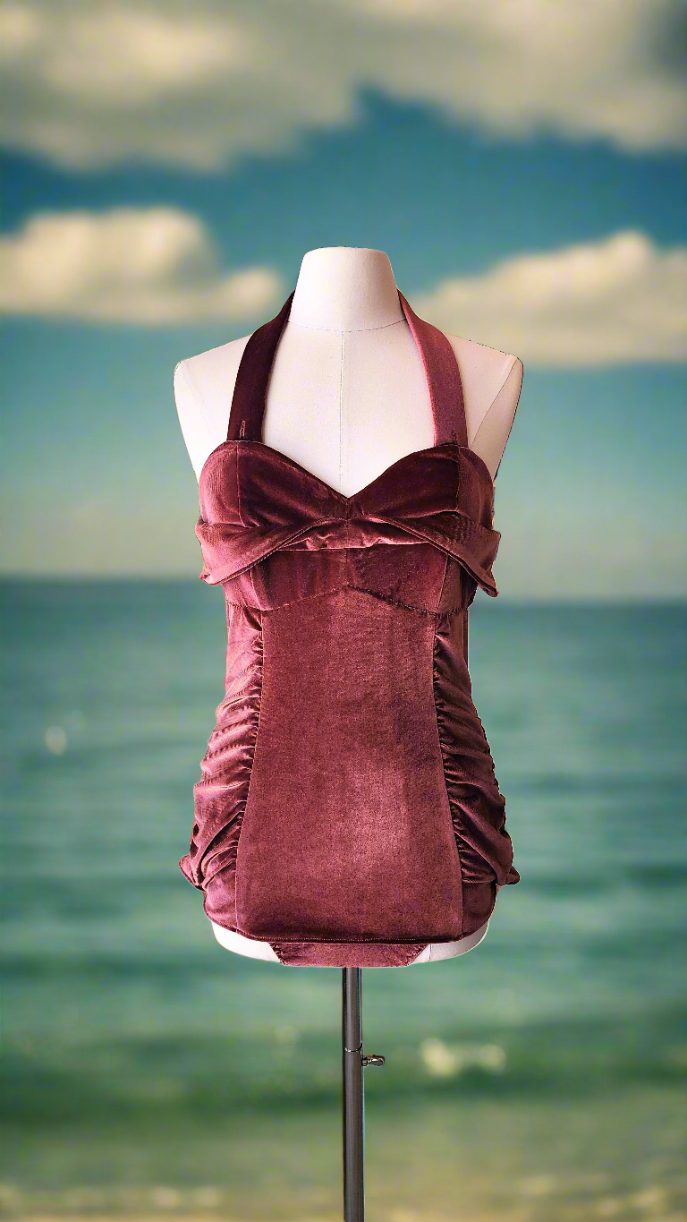 Dusty Rose Velvet Ruched 1950 s Marilyn Inspired Pinup Swimsuit Hollyville Boutique