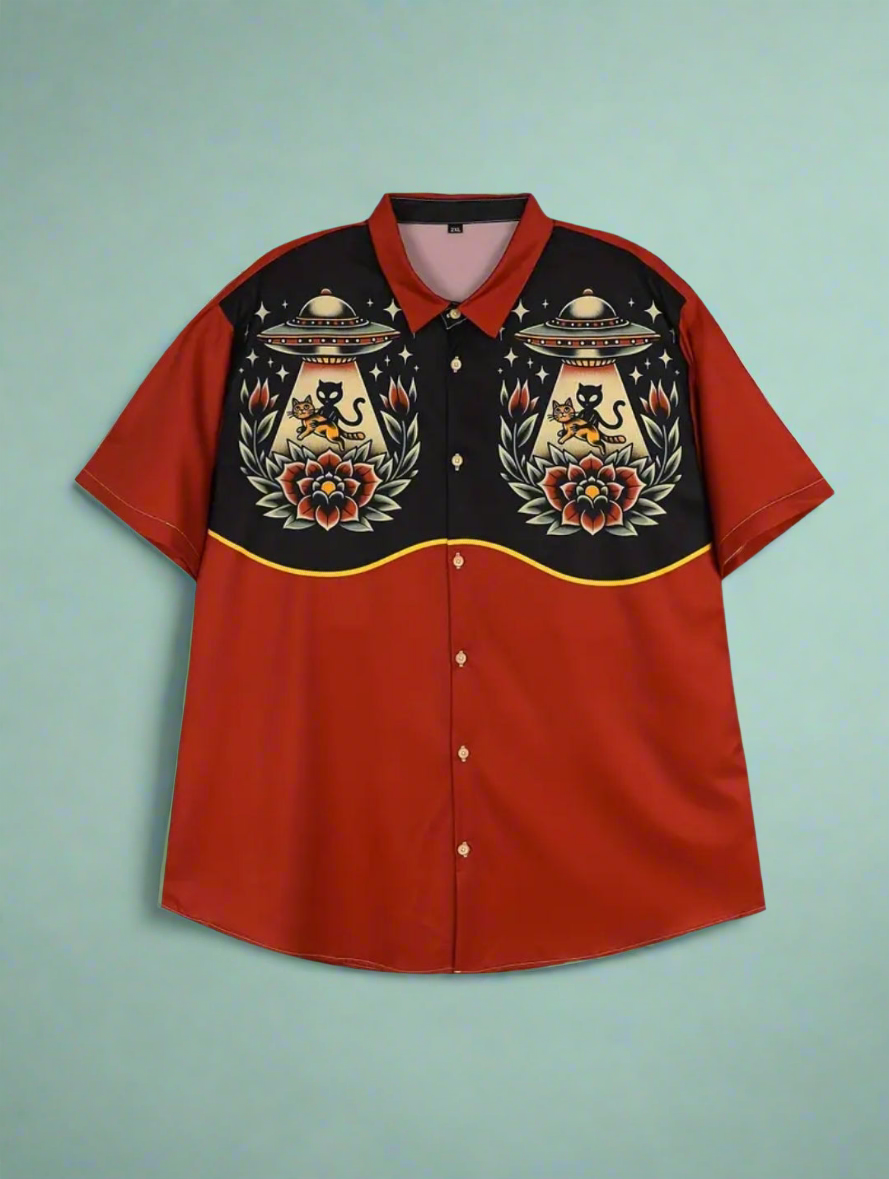 UFO Space Cat Print Button Up Shirt