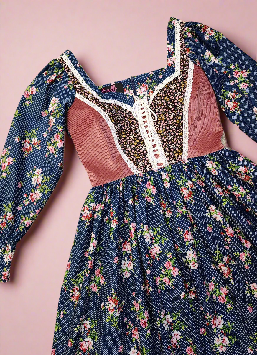 An Original Gunne Sax Style Homespun 1970's Vintage Inspired Floral Print Corset Lace Dress by Hollyville
