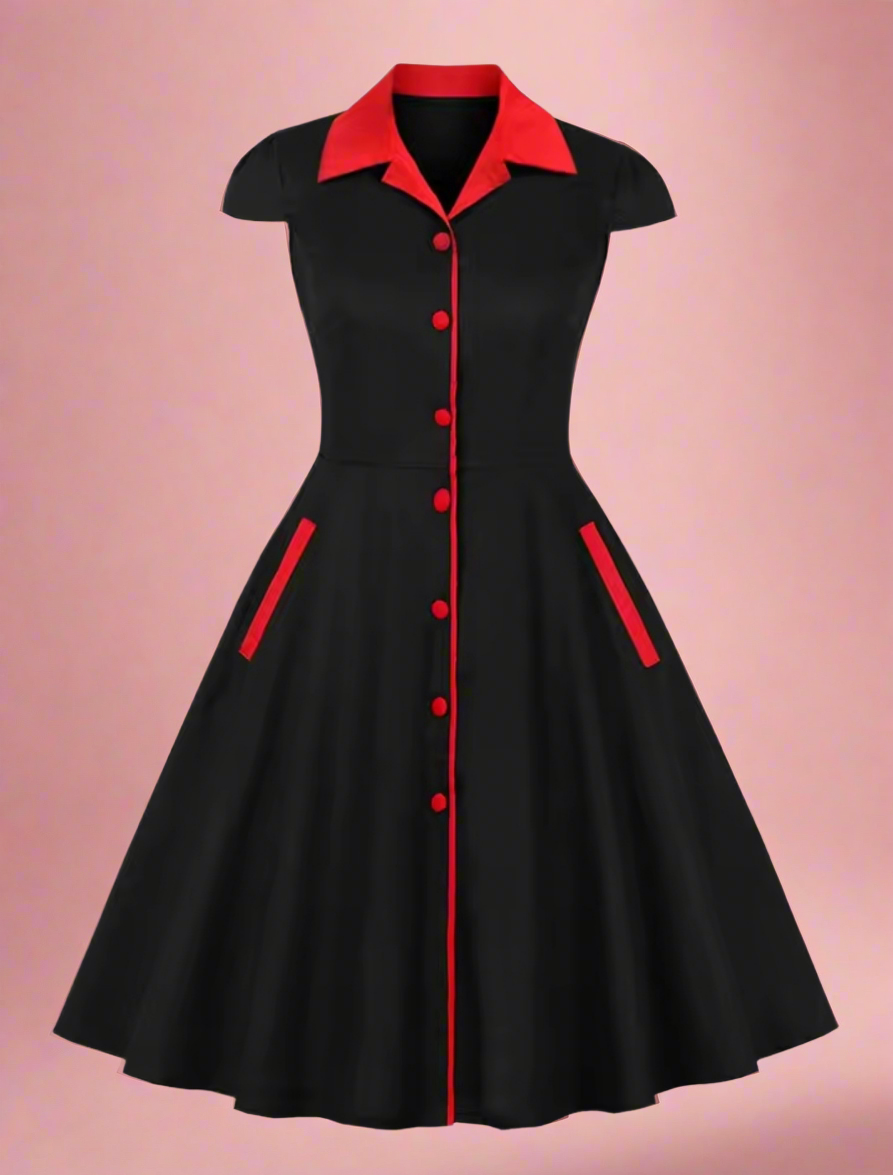 Retro Colorblock Pinup Bowling Button Up Shirt Dress