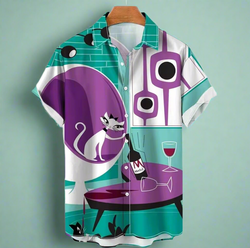 Midcentury modern atomic cat drinking wine vintage inspired print button up bowling shirt