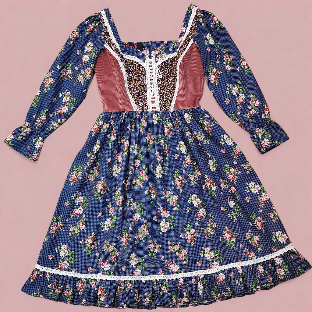 An Original Gunne Sax Style Homespun 1970's Vintage Inspired Floral Print Corset Lace Dress by Hollyville An Original Gunne Sax Style Homespun 1970's Vintage Inspired Floral Print Corset Lace Dress by Hollyville