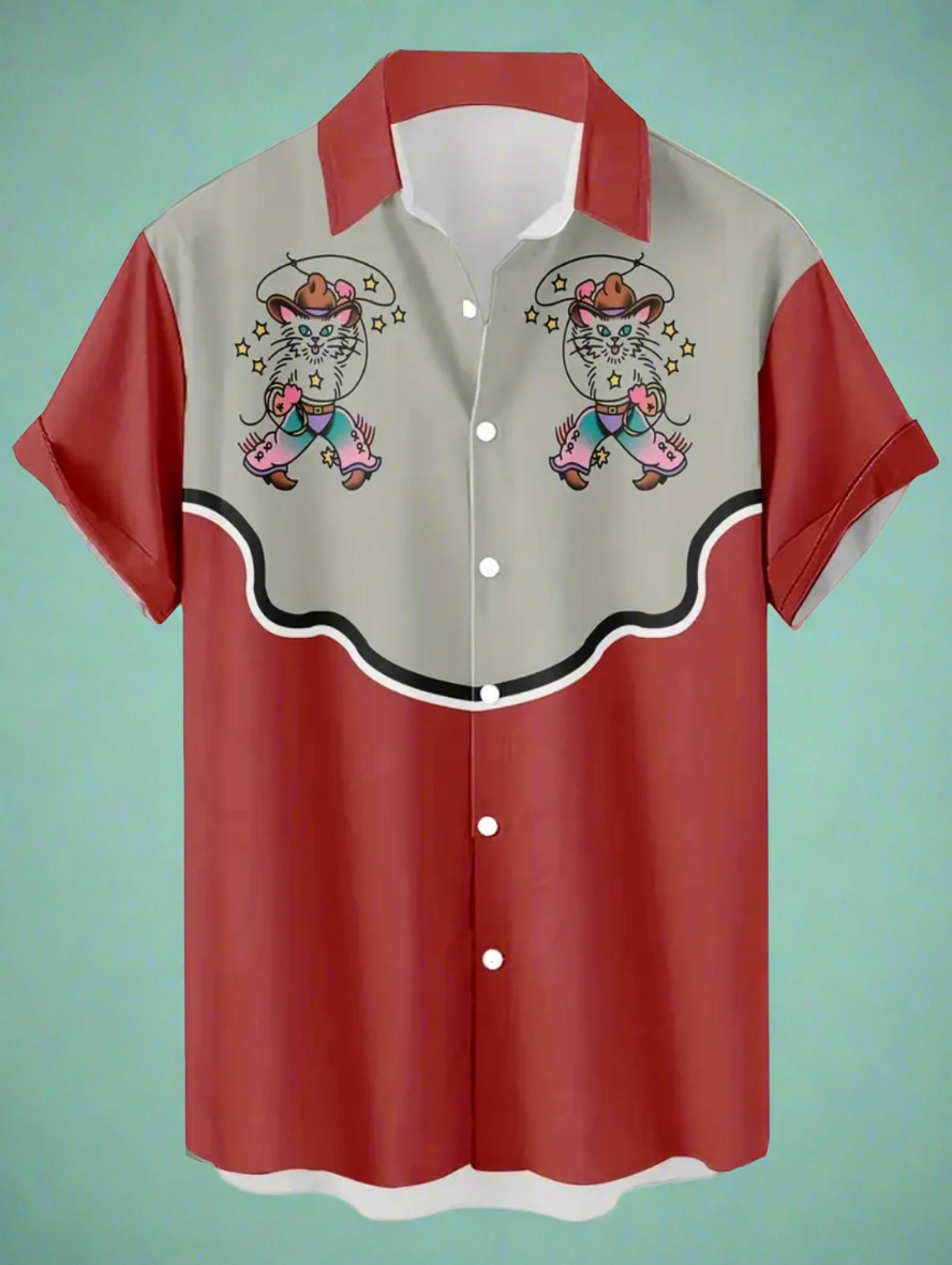 Retro Western Cowboy Cat Print Button Up Shirt