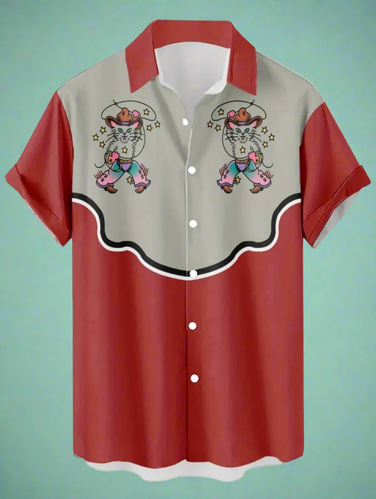 Retro Western Cowboy Cat Print Button Up Shirt