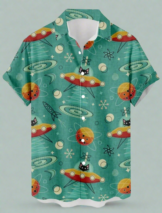 Atomic Black Retro Cat in UFO Print Button Up Shirt