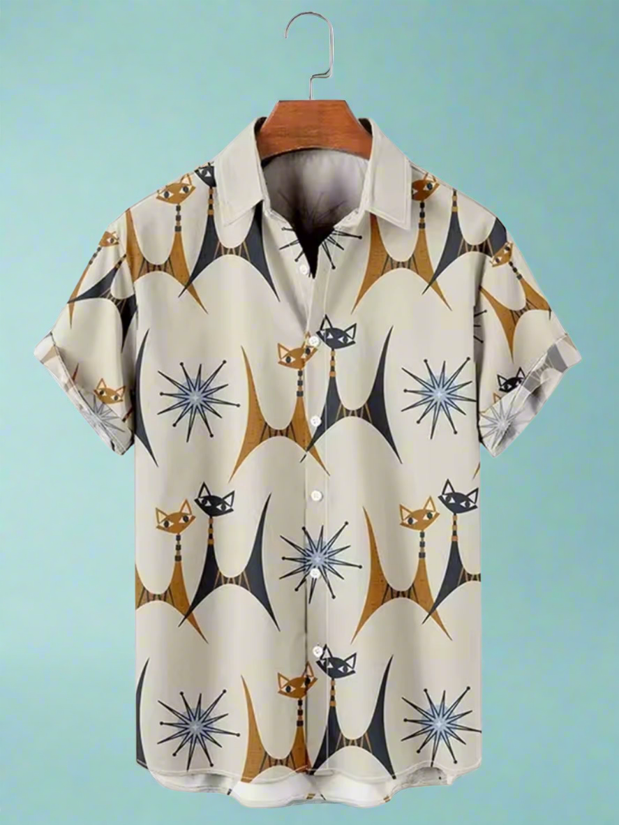Midcentury Atomic vintage Cat Print Button Up Shirt rockabilly bowling shirt