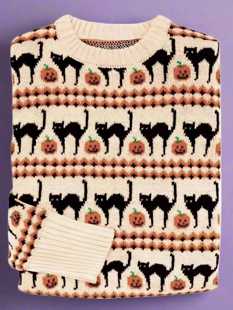 Black Cat Pumpkin Crew Neck Sweater