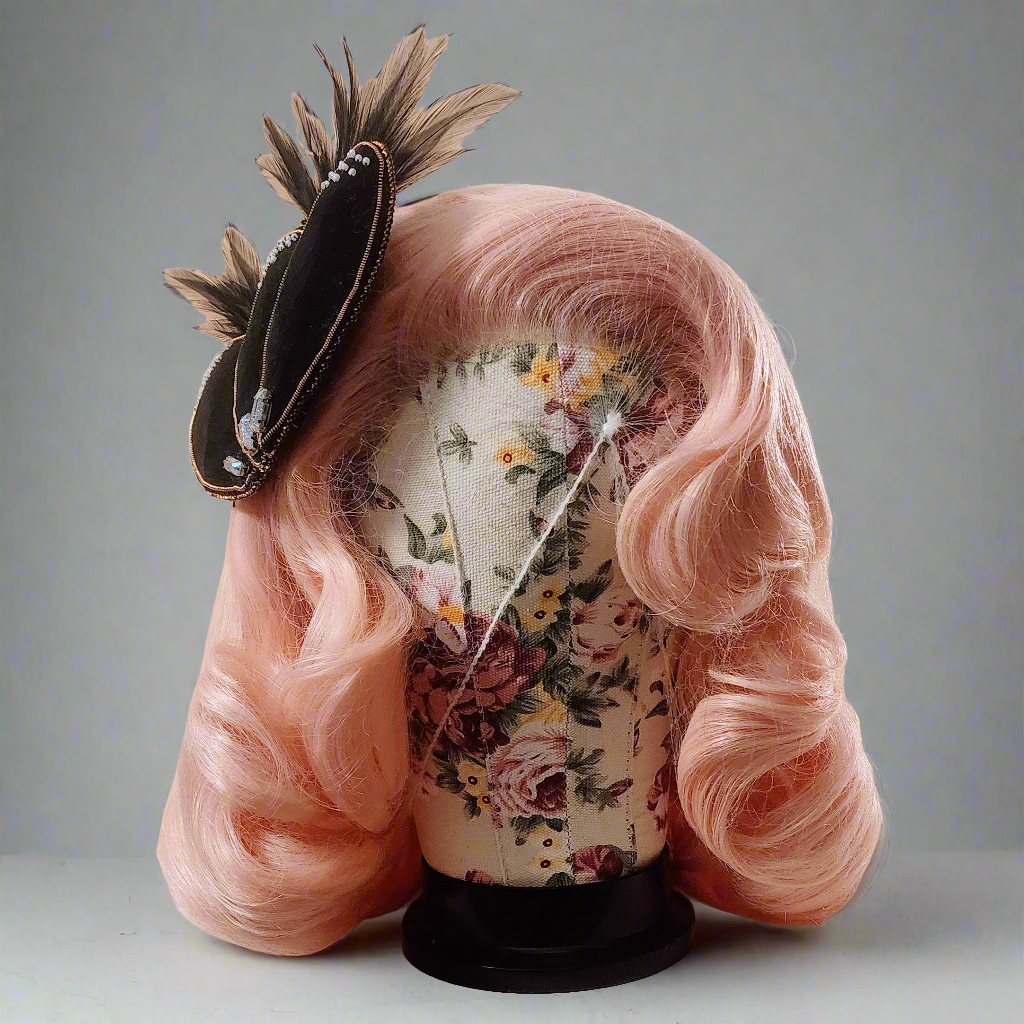 Black Velvet Feathered and Hand Beaded Hair Fascinator by Hollyville