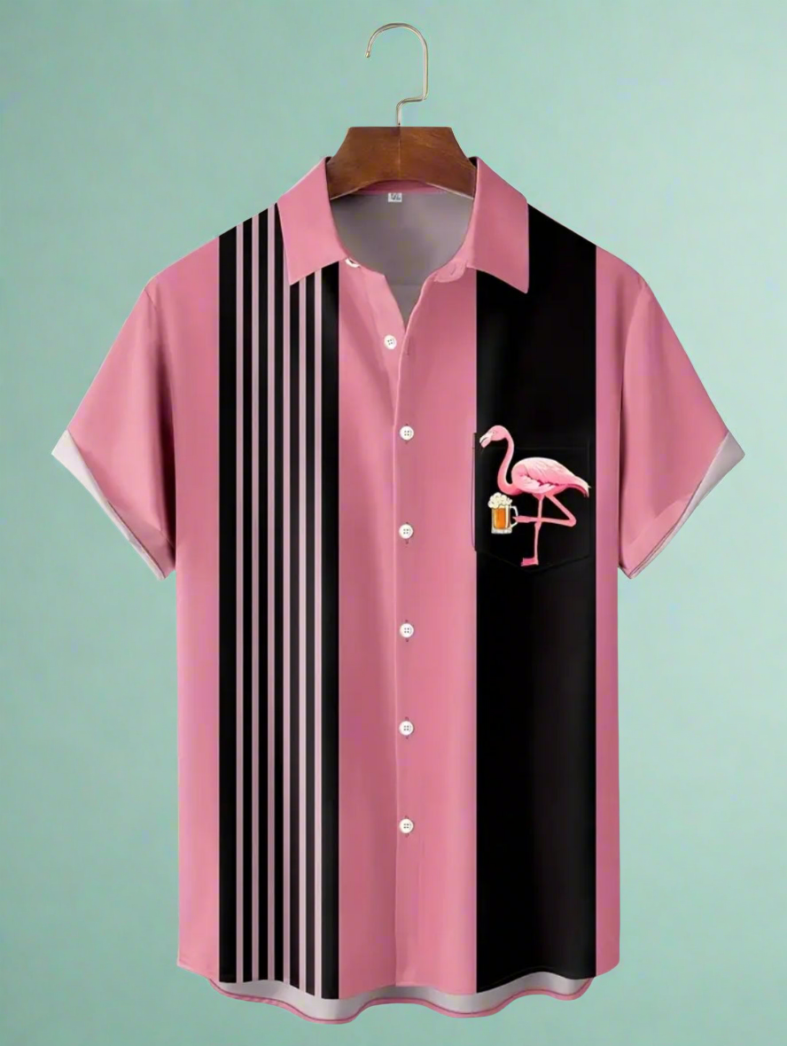 Striped Flamingo Drinking Beer Button Up Retro Rockabilly Bowling Shirt