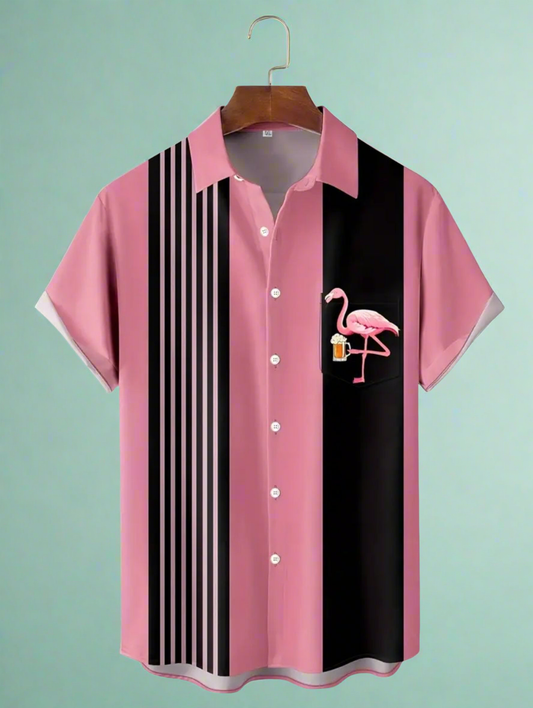 Striped Flamingo Drinking Beer Button Up Retro Rockabilly Bowling Shirt