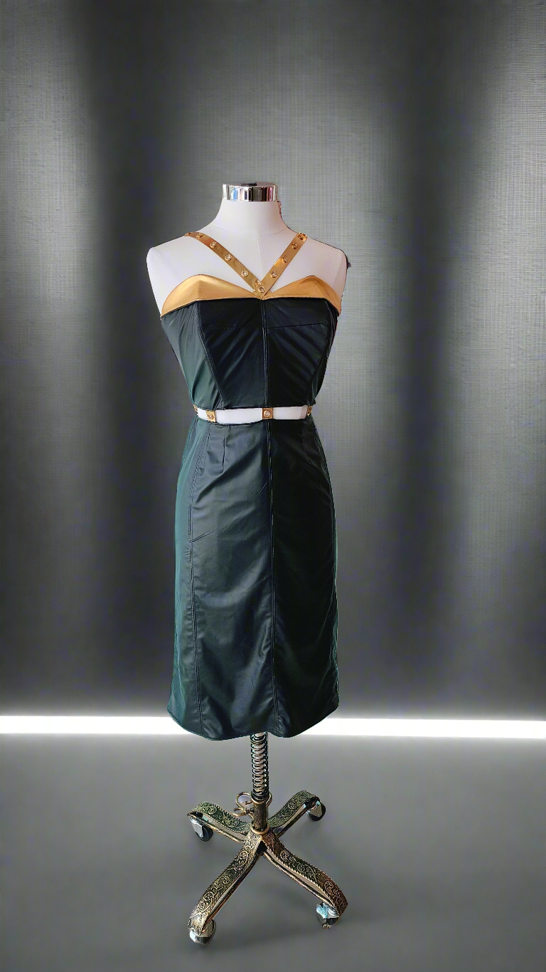 Dark pinup PU dress with a Marvel villain cosplay vibe.