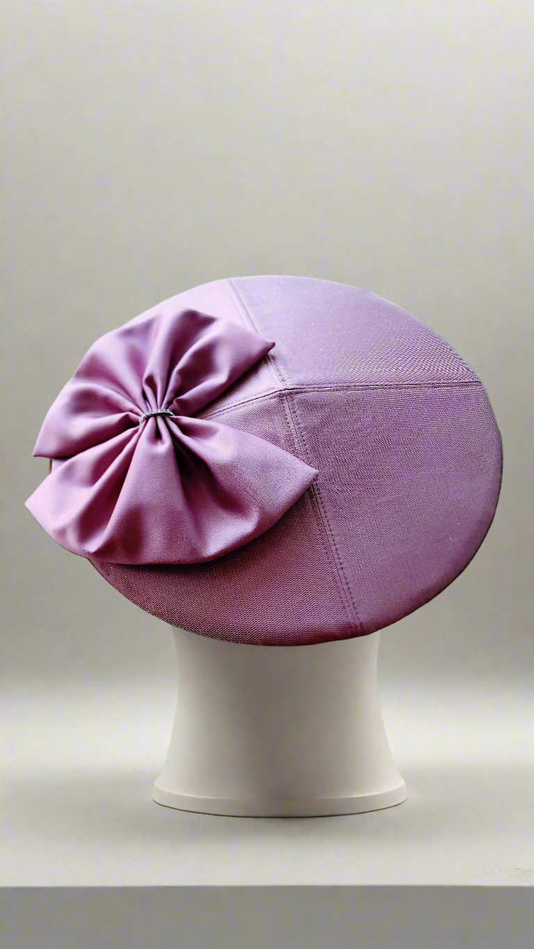 1950's vintage inspired New Look Couture Saucer Hat by Hollyville in a dusty rose pink satin and layer of tulle.